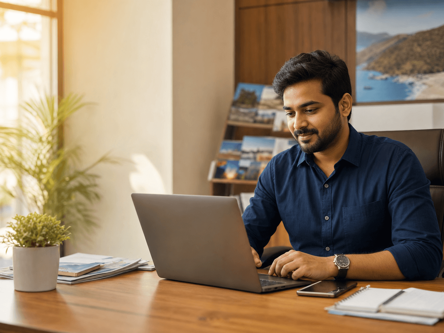 A business owner working on customer enquiries