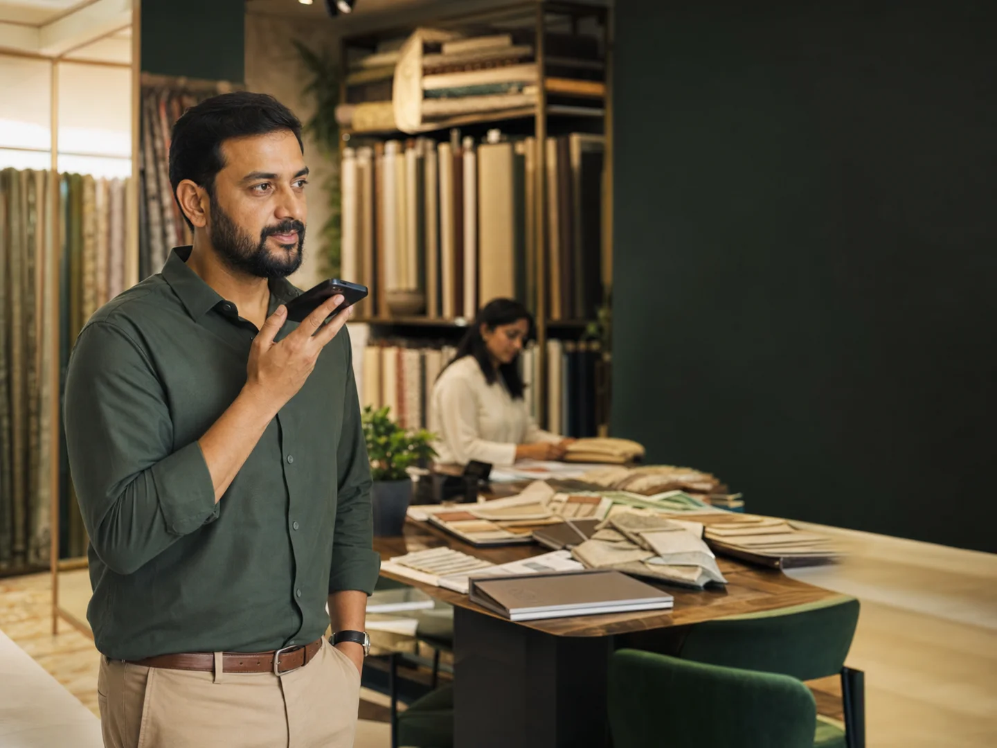 A fabric showroom owner teaching Buddie with a voice note